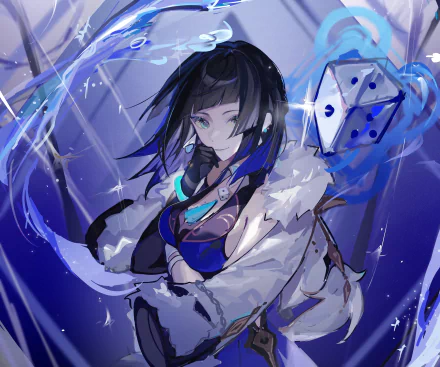 Yelan from the video game Genshin Impact in a dramatic blue, water-themed 4K Ultra HD PC wallpaper, poised amid swirling waves with floating dice-like charms.