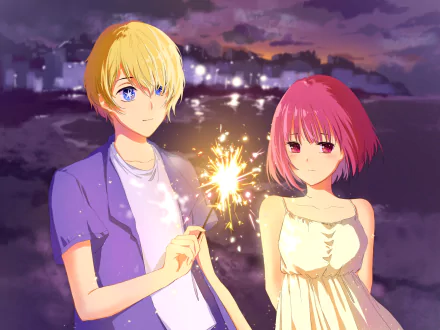 HD PC desktop wallpaper of Oshi no Ko characters Kana Arima and Aquamarine Hoshino in anime style, standing by a moonlit waterfront and sharing a glowing sparkler.