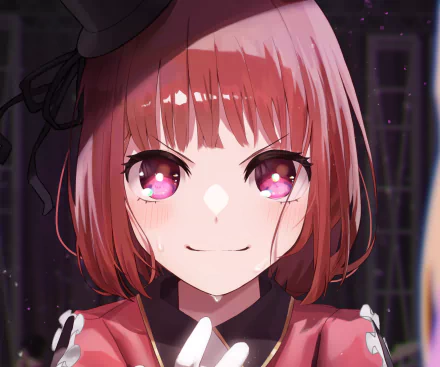 HD PC desktop wallpaper of Kana Arima from Oshi no Ko: close-up anime portrait of a smiling girl with short auburn hair and sparkling pink eyes, vibrant background.