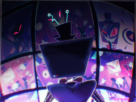Vox from Hazbin Hotel in a neon control room, silhouetted before rows of screens — vibrant TV show HD PC desktop wallpaper/background art.