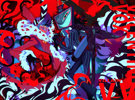 HD desktop wallpaper featuring Vox and Valentino from the TV show Hazbin Hotel in a dynamic, colorful composition with bold red, black, and blue tones.