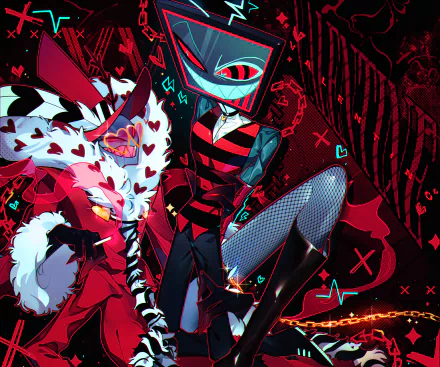 HD PC desktop wallpaper background featuring Hazbin Hotel TV show characters Vox and Valentino in a stylized red-and-black scene with hearts and chains.