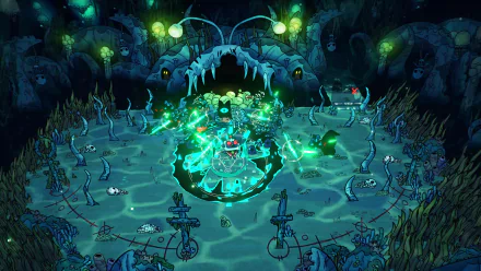 4K Ultra HD Cult of the Lamb PC wallpaper depicting a dark, eerie ritual scene with glowing green lights and ominous forest creatures.