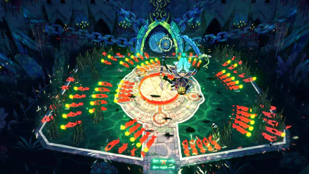 4K Ultra HD PC desktop wallpaper of the video game Cult of the Lamb: top-down ritual arena with a glowing sigil, the lamb protagonist and arcs of red projectiles in a dark occult setting.