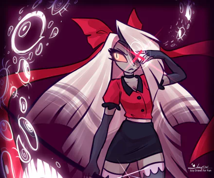 Vaggie (Hazbin Hotel) from the TV show Hazbin Hotel — HD PC desktop wallpaper: stern pose, long white hair, red outfit and cape, glowing pink eye and floating arcane symbols on a dark background.
