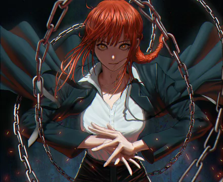 HD desktop wallpaper featuring Makima from the anime Chainsaw Man, depicted in a dynamic and intense pose with chains surrounding her.