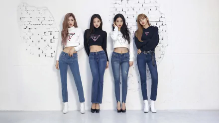 HD PC desktop wallpaper featuring the K-pop group BlackPink posing against a white brick wall, blending music and stylish fashion.