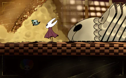 Hollow Knight: Silksong video game 2K Quad HD PC desktop wallpaper — Hornet and a small blue companion cross a checker floor beside a giant ornate shell in a glowing golden cavern.