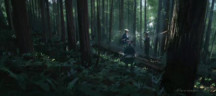 HD fantasy PC desktop wallpaper depicting three samurai standing in a dense, misty forest with tall trees and rays of light filtering through the canopy.