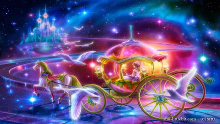 A vibrant, celestial fantasy scene featuring a magical carriage drawn by a horse, surrounded by ethereal birds and a distant castle, making for an enchanting HD desktop wallpaper.