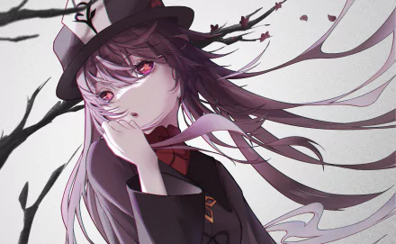 Hu Tao from the video game Genshin Impact, portrait with flowing hair, signature hat and red eyes against a pale backdrop — 2K Quad HD PC desktop wallpaper/background.