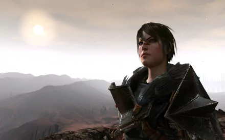 Hawke from the video game Dragon Age II in dark armor overlooking a misty, sunlit valley — HD PC desktop wallpaper and background.
