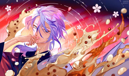 Kamisato Ayato, video game character from Genshin Impact, in a 4K Ultra HD PC desktop wallpaper: lavender hair, blue attire, swirling water ribbons and falling sakura petals.