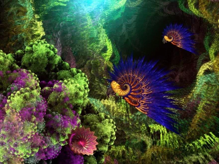Artistic water-themed HD PC desktop wallpaper/background: luminous fractal seascape with spiral shell creatures and coral-like blooms in vibrant greens, purples and deep blues.