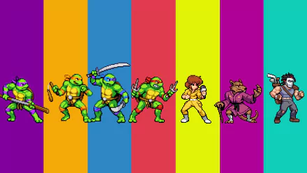 HD desktop wallpaper featuring pixel art characters from Teenage Mutant Ninja Turtles: Shredder's Revenge game on a colorful striped background.