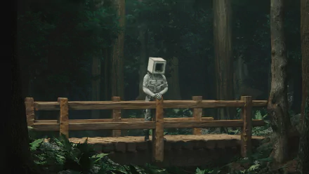 Artistic 4K Ultra HD PC wallpaper featuring a human figure with a vintage computer monitor head standing on a wooden bridge in a dark, dense forest.