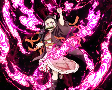 HD desktop wallpaper featuring Nezuko Kamado from the anime Demon Slayer: Kimetsu no Yaiba, surrounded by vibrant pink flames.