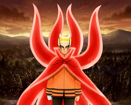Naruto Uzumaki in Baryon Mode with glowing red chakra tails against a dramatic sunset backdrop, featured in a 4K Ultra HD anime Boruto desktop wallpaper.