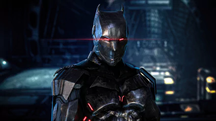 4K Ultra HD comic-style Batman in advanced armor with glowing red eyes stands in a dark, futuristic urban setting, creating a striking PC desktop wallpaper and background.