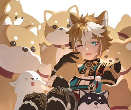Gorou (Genshin Impact) surrounded by smiling Shiba dogs, winking and posing in an HD PC desktop wallpaper/background — video game art from Genshin Impact.