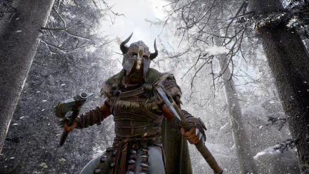 HD wallpaper featuring a warrior from Mortal Online 2 standing in a snowy forest, ready for action.
