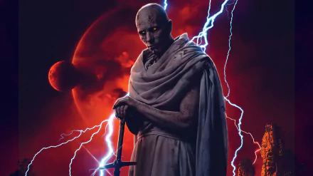 Gorr the God Butcher from Thor: Love and Thunder stands menacingly against a stormy red cosmic backdrop in this 4K Ultra HD PC desktop wallpaper.