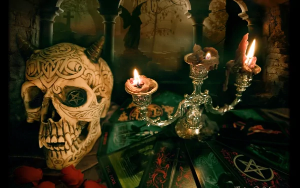 HD desktop wallpaper with a dark, gothic theme featuring a skull with intricate carvings, a candelabrum with lit candles, scattered tarot cards, and an eerie background of ancient ruins.