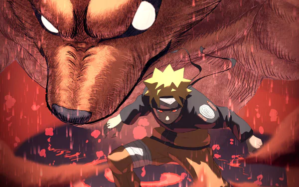 2K Quad HD PC desktop wallpaper: anime scene of Naruto Uzumaki charging forward with roaring chakra, Kurama (Naruto) looming menacingly behind amid swirling red energy.