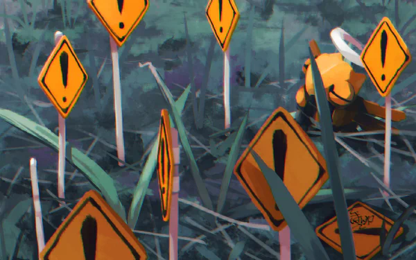 HD PC desktop wallpaper/background of anime Pokémon Shedinja hovering among exclamation-mark warning signs in a misty, overgrown grassy field.