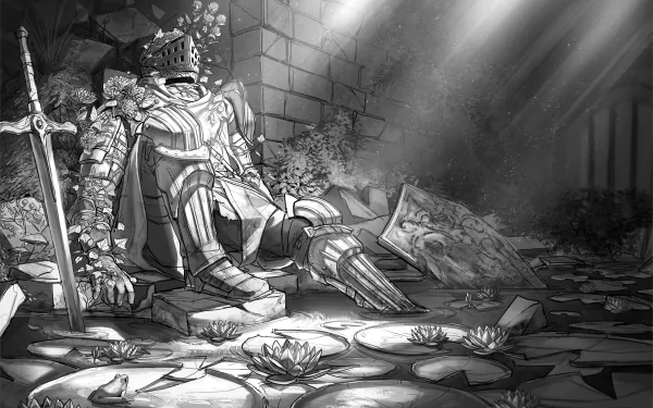 HD PC desktop wallpaper featuring Oscar of Astora from the Dark Souls video game, depicted resting in detailed armor with a sword in a dimly lit, ruined stone chamber.