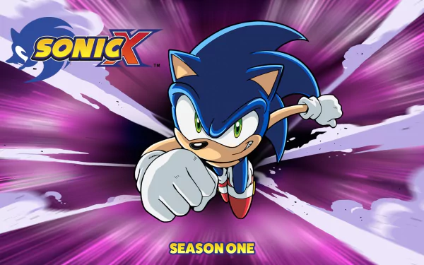 HD PC desktop wallpaper featuring Sonic the Hedgehog from the anime Sonic X, showcasing dynamic action with vibrant purple and white speed effects.