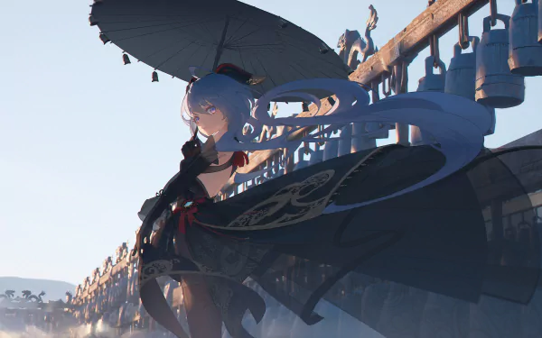 HD wallpaper of Ganyu from Genshin Impact, featuring her holding an umbrella with an intricate background.