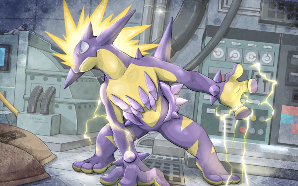 HD PC desktop wallpaper showing Toxtricity (Pokémon) from Pokémon: Sword and Shield, striking an electrified pose inside an industrial control-room — video game artwork background