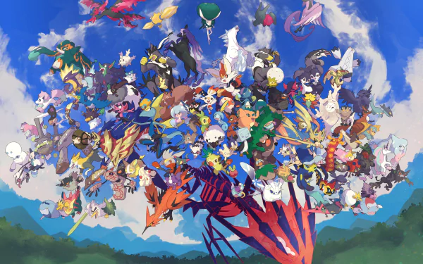 4K Ultra HD PC desktop wallpaper featuring a vibrant collage of various Pokémon characters against a bright blue sky, celebrating the video game series.