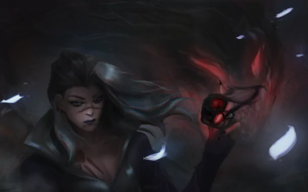 HD PC desktop wallpaper of Fade (Valorant): moody video game art of the agent holding a glowing red orb amid swirling shadows and drifting white feathers
