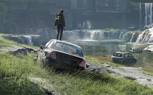 8K Ultra HD wallpaper from the video game The Last of Us Part II, depicting a character standing on a crashed car near a river with a waterfall in a post-apocalyptic setting.
