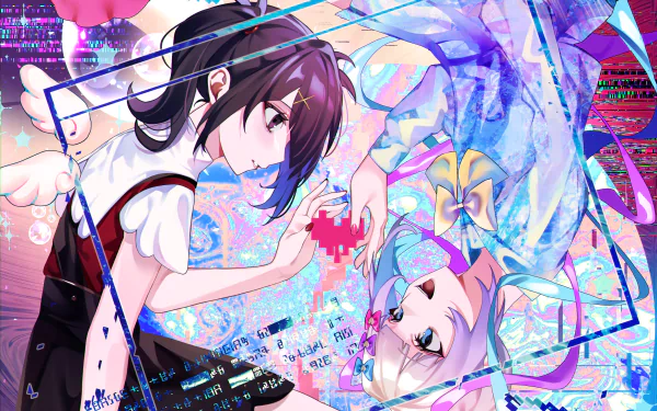 2K Quad HD PC desktop wallpaper of Ame-chan (Needy Girl Overdose) and OMGkawaiiAngel-chan from NEEDY GIRL OVERDOSE: two anime girls exchanging a pixel heart in a neon, glitchy video-game scene.