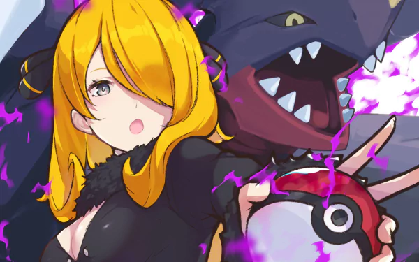 2K Quad HD PC desktop wallpaper: Cynthia (Pokémon) with her Garchomp from Pokémon: Diamond and Pearl, clutching a Poké Ball as purple energy crackles — video game artwork.