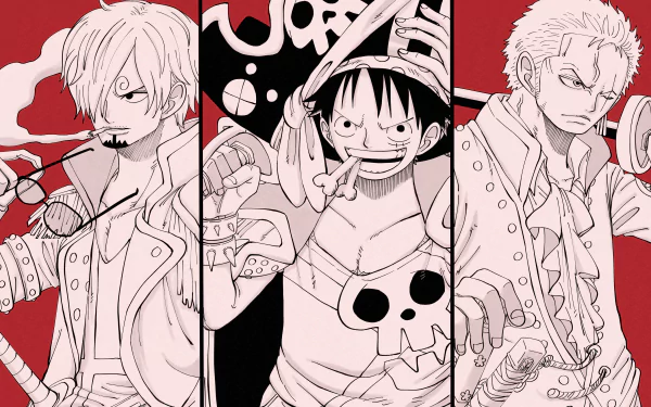 A high-definition desktop wallpaper featuring Roronoa Zoro, Monkey D. Luffy, and Sanji from the anime One Piece, illustrated in a striking black-and-white comic style with a red background.