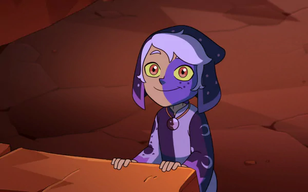 HD PC desktop wallpaper featuring The Collector (The Owl House) from the TV show The Owl House: purple-skinned, mismatched-eyed childlike figure peeking over a rocky ledge.