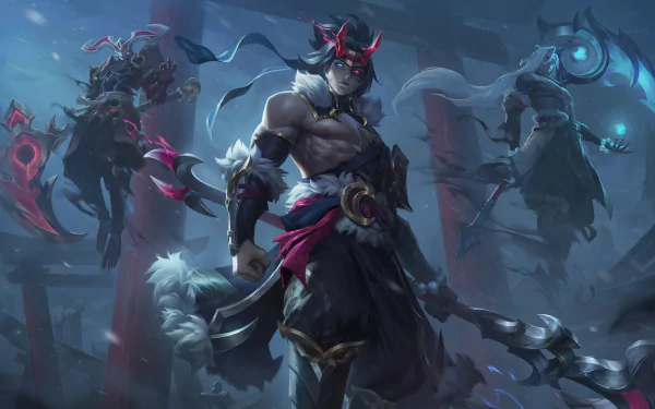 8K Ultra HD desktop wallpaper featuring Kayn from League of Legends, showcasing dynamic, dark fantasy artwork from the popular video game.
