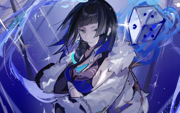 Yelan from the video game Genshin Impact in a dramatic blue, water-themed 4K Ultra HD PC wallpaper, poised amid swirling waves with floating dice-like charms.