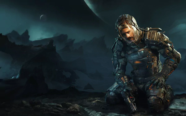 4K Ultra HD PC wallpaper from the video game The Callisto Protocol features a suited character kneeling in a dark, alien landscape under a large moon.