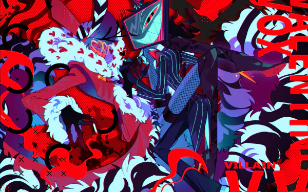 HD desktop wallpaper featuring Vox and Valentino from the TV show Hazbin Hotel in a dynamic, colorful composition with bold red, black, and blue tones.