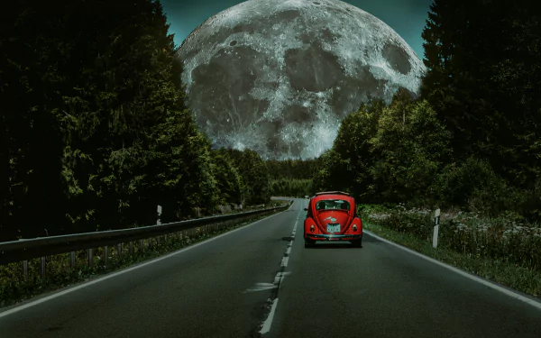 4K Ultra HD PC desktop wallpaper: red classic car drives down a forested highway beneath a giant fantasy moon, moody night sky background.