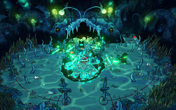 4K Ultra HD Cult of the Lamb PC wallpaper depicting a dark, eerie ritual scene with glowing green lights and ominous forest creatures.