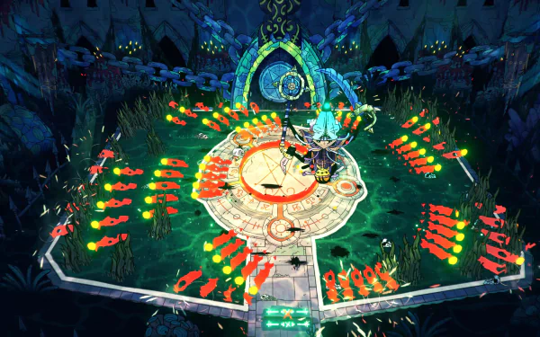 4K Ultra HD PC desktop wallpaper of the video game Cult of the Lamb: top-down ritual arena with a glowing sigil, the lamb protagonist and arcs of red projectiles in a dark occult setting.