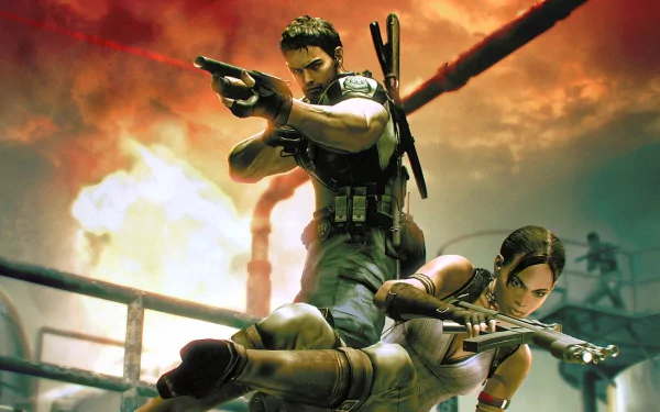 An action-packed HD wallpaper featuring Sheva Alomar and Chris Redfield from the video game Resident Evil 5, set against a dramatic backdrop of fire and chaos.