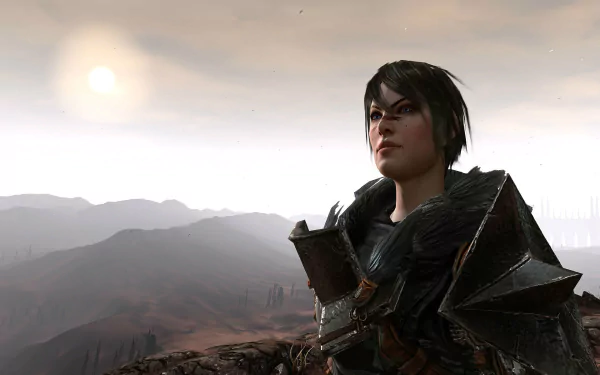 Hawke from the video game Dragon Age II in dark armor overlooking a misty, sunlit valley — HD PC desktop wallpaper and background.