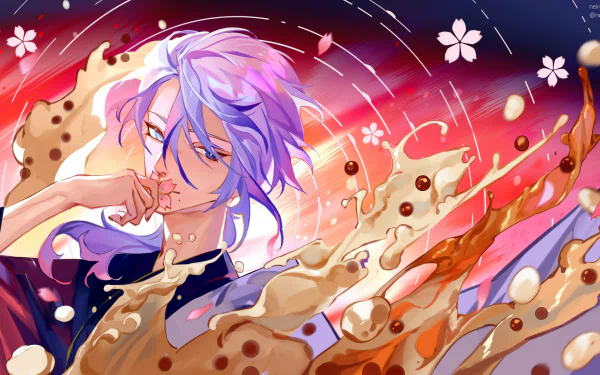 Kamisato Ayato, video game character from Genshin Impact, in a 4K Ultra HD PC desktop wallpaper: lavender hair, blue attire, swirling water ribbons and falling sakura petals.